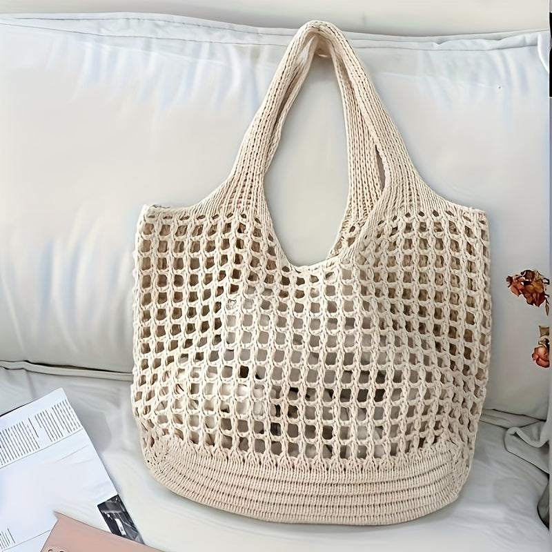 Borsa da spiaggia intrecciata a rete aperta, capiente, da donna