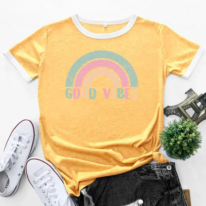 Valentina – Plus Size T-Shirt with Rainbow Patchwork and Short Sleeves