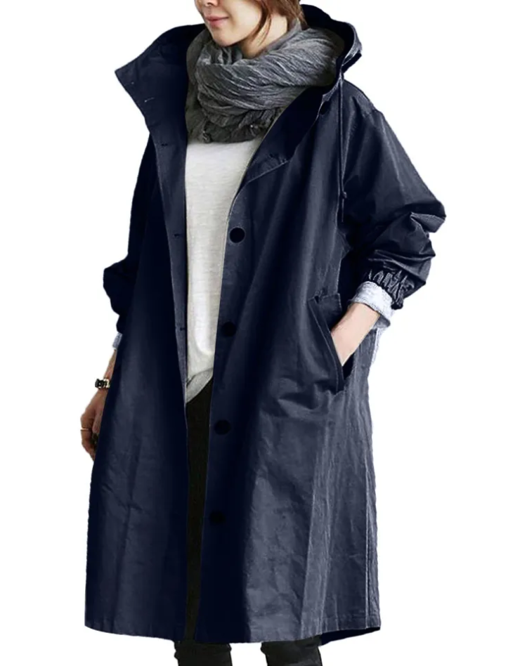 Waterproof Trench Coat for Women Long with Hood and Buttons