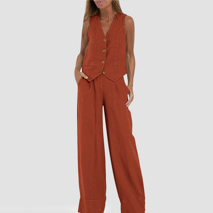 Summer Sleeveless V-Neck Waistcoat and Loose Straight Trousers