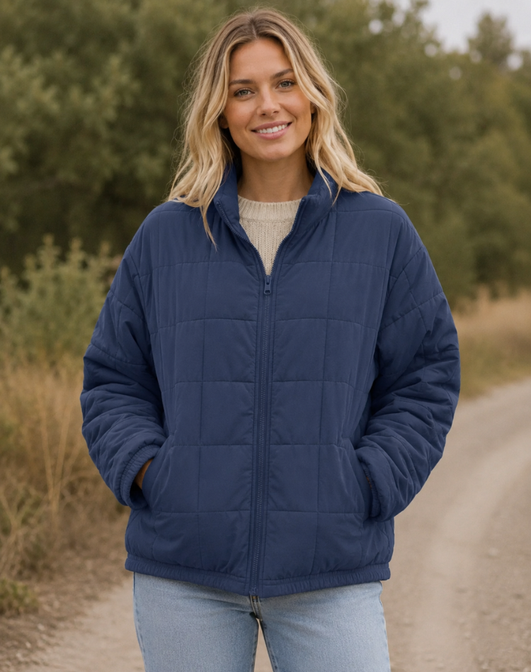 Quilted Bomber Jacket with Zip and Pockets