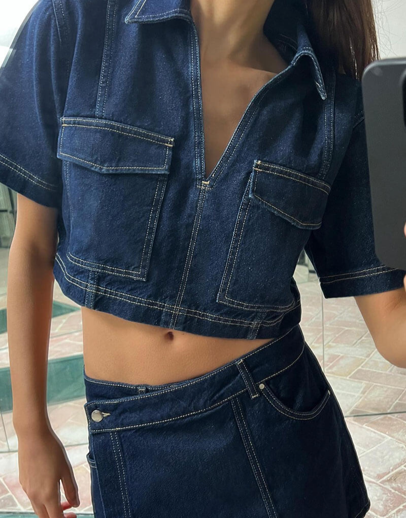 Conjunto vaquero de dos piezas con top y falda pantalón