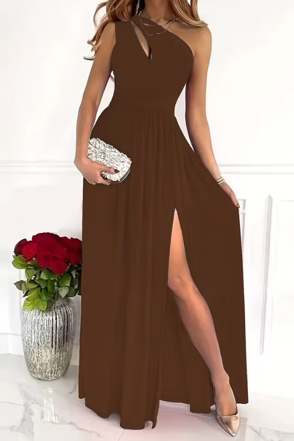 Ladies' Elegant Maxi Dress with One Shoulder Neckline and Split