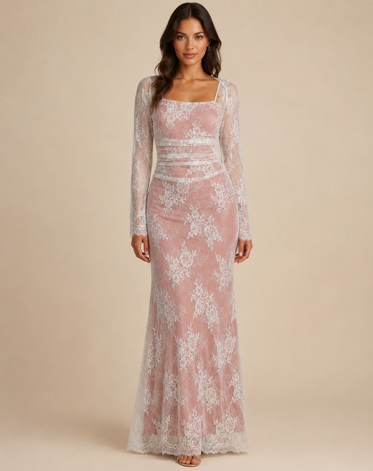 Maxi-avondjurk van kant voor dames met lange mouwen en elegant silhouet