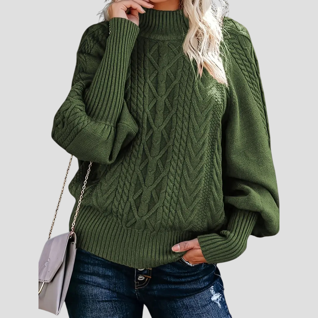 Jersey de punto con diseño de ochos y cuello alto para mujer, cálido y con mangas abullonadas