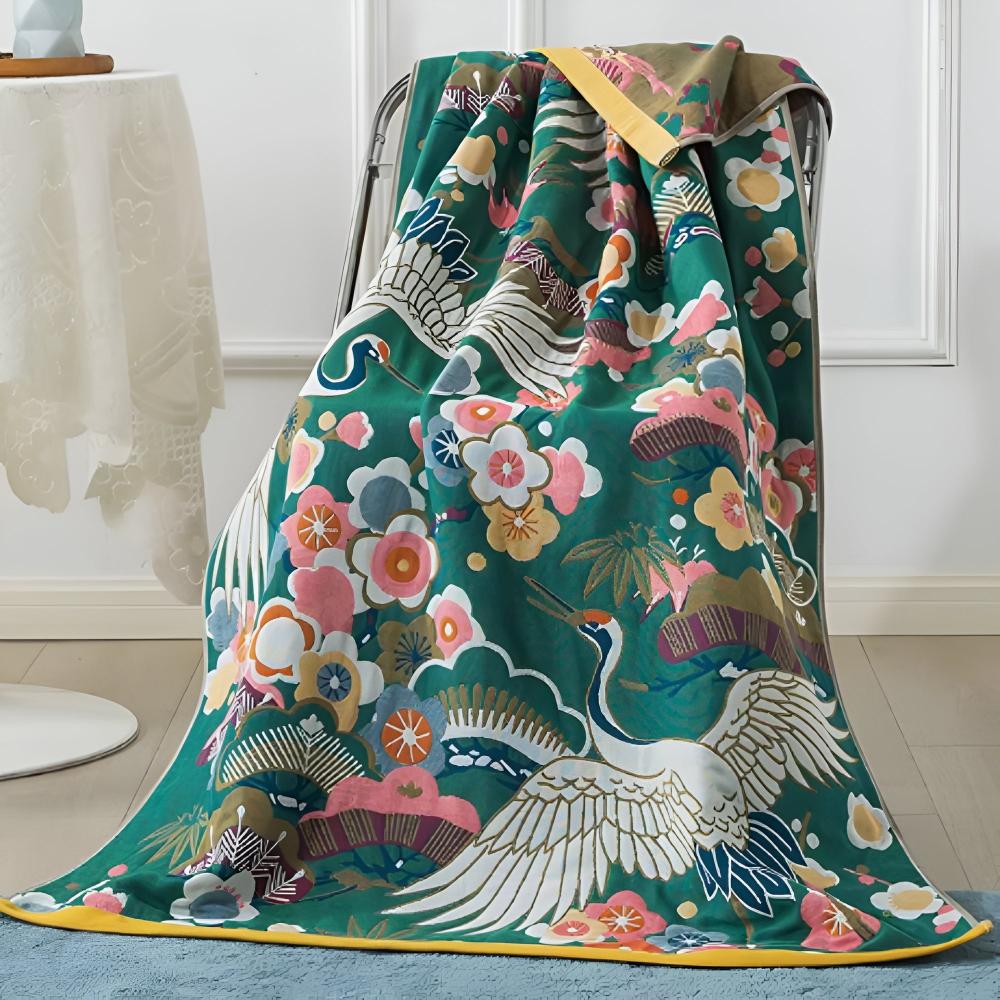 Luxury Bath Towel with Crane and Floral Print