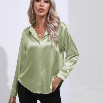 Ladies' Satin Blouse with Long Sleeves and Loose Fit