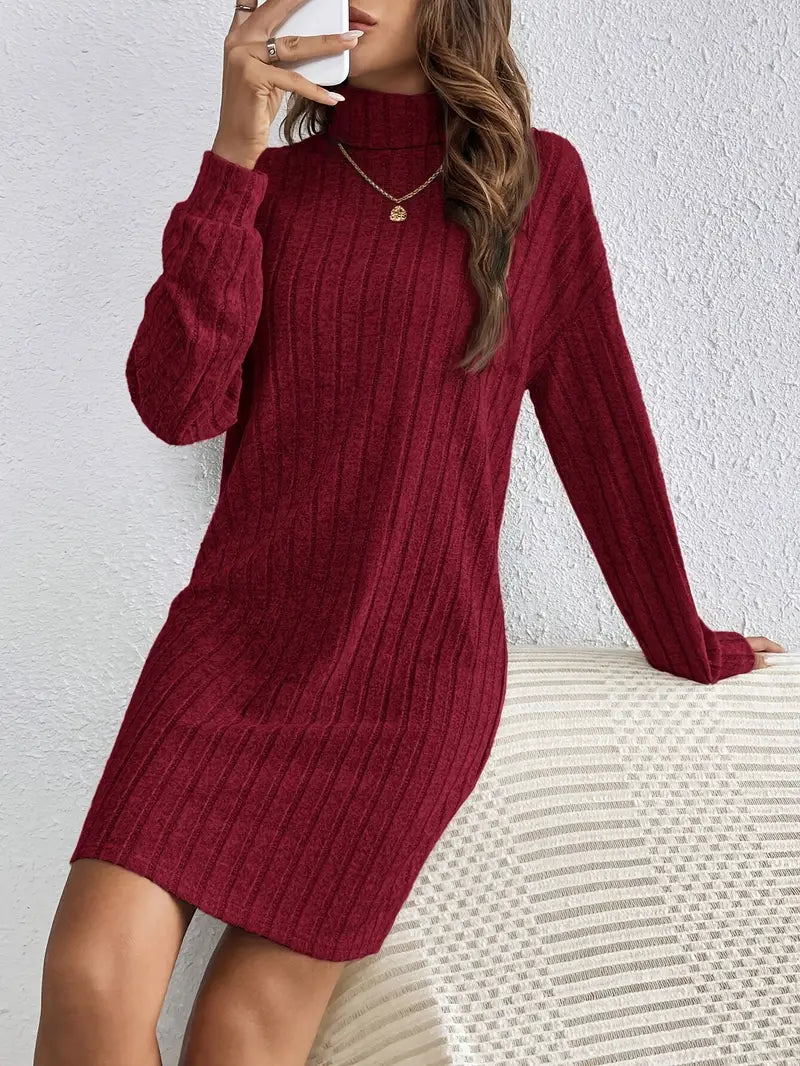 Trendy Ribbed Mini Sweater Dress for Women with Roll Neck and Long Sleeves