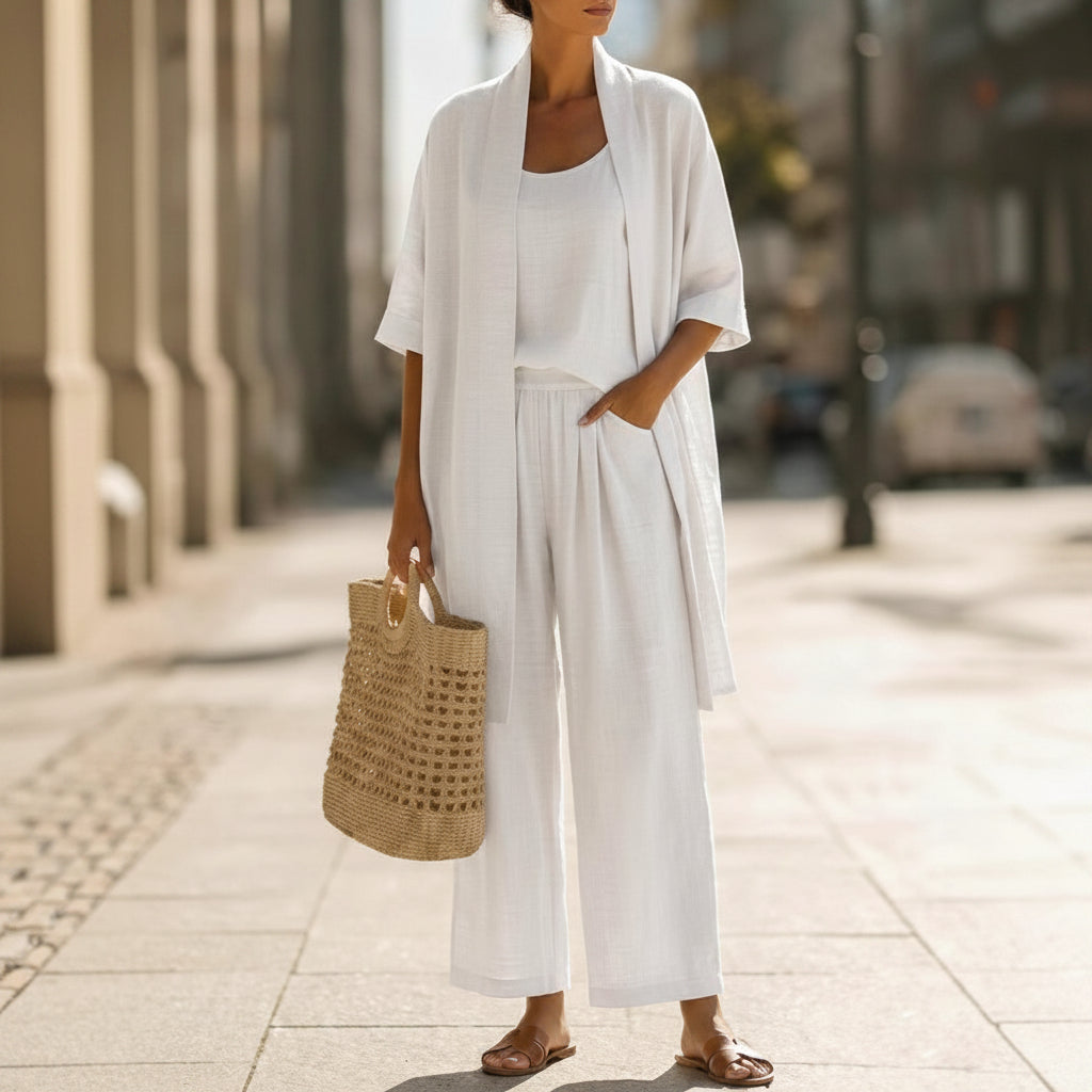 Set da donna con cardigan, canotta e pantaloni a gamba dritta