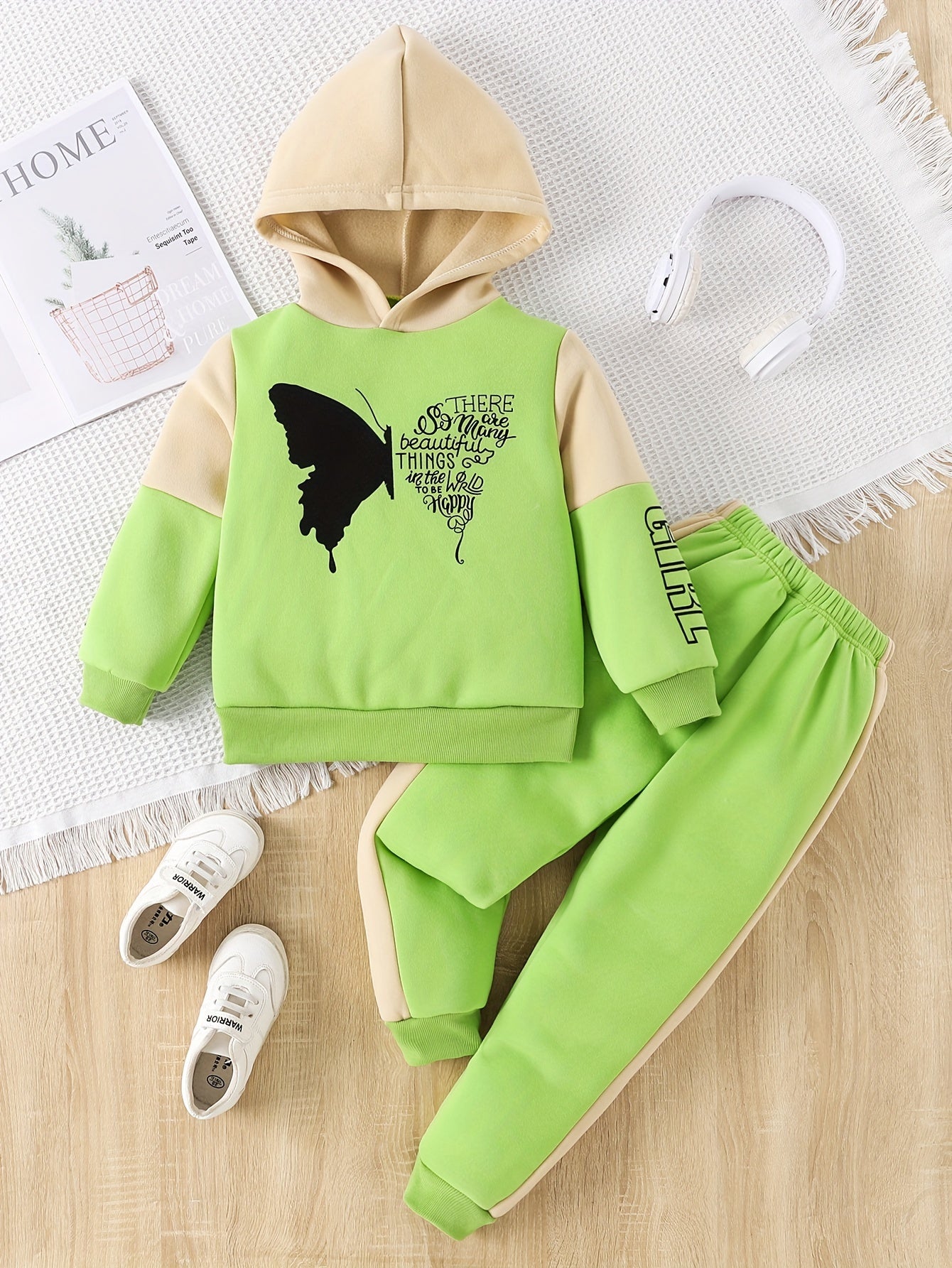 2-piece girls fleece hoodie sweater with butterfly print pants - Angel