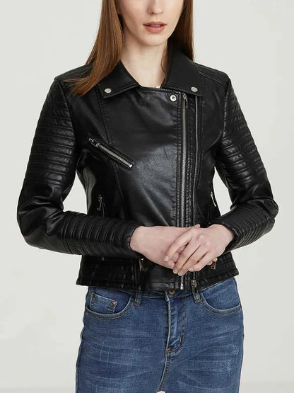 Black Leather Women's Jacket with Zip Pockets