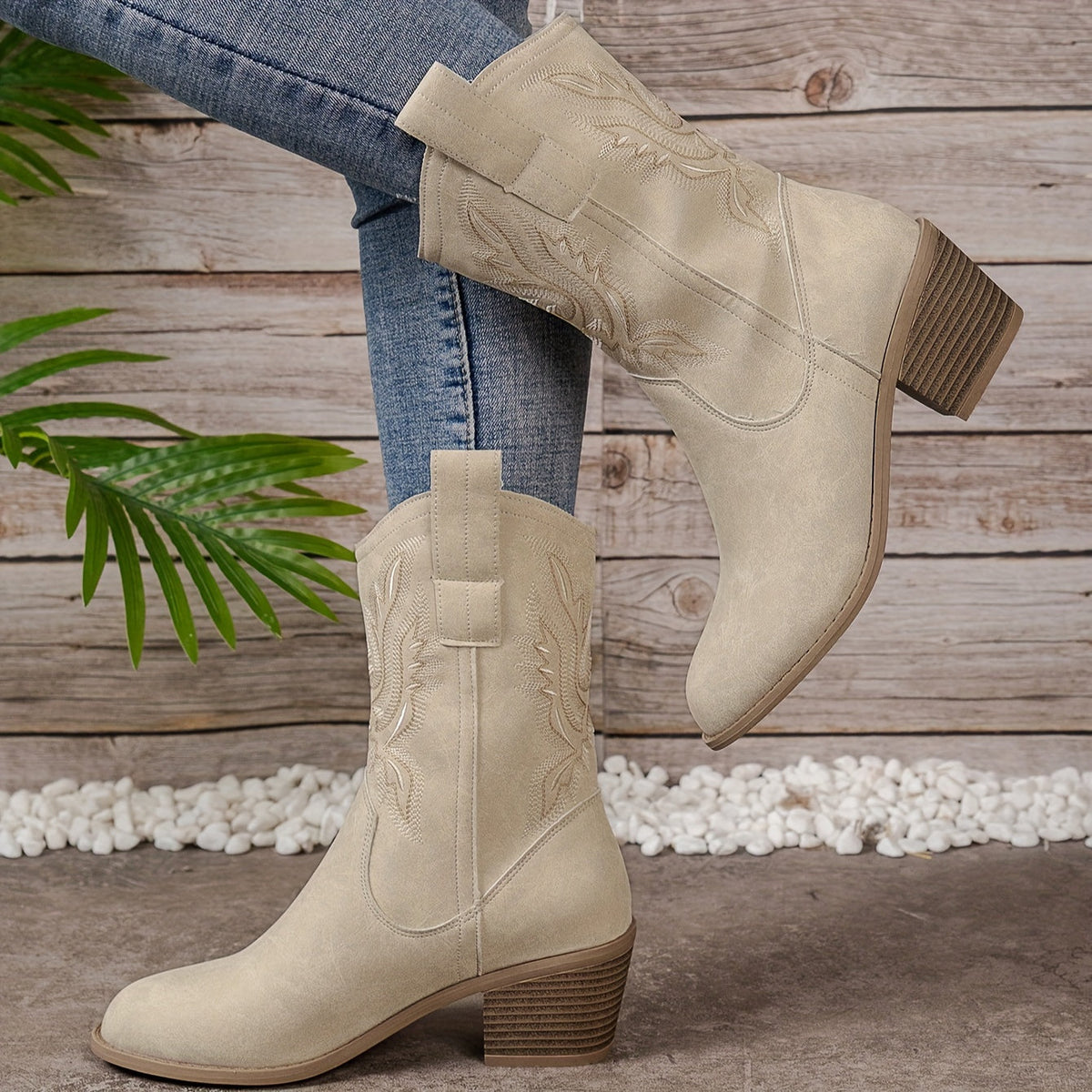 Ladies Beige Western Cowboy Boots Calf High with Block Heel and Side Zip