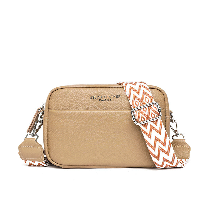 Fashionable Shoulder Bag with White Embroidery and Wide Shoulder Strap