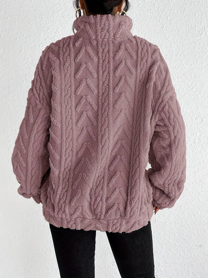 Ladies Soft Teddy Jumper with Quarter Zip and Cable Knit