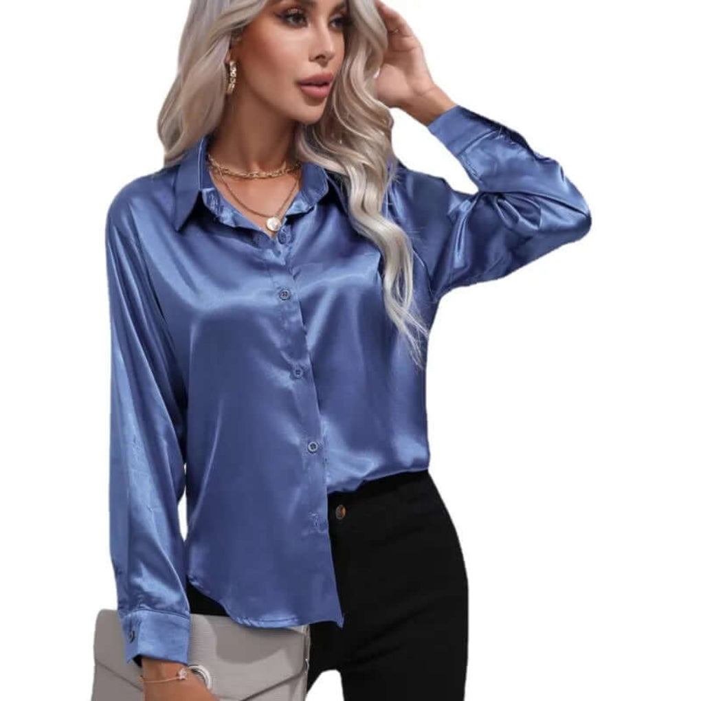 Ladies' Satin Blouse with Long Sleeves and Loose Fit