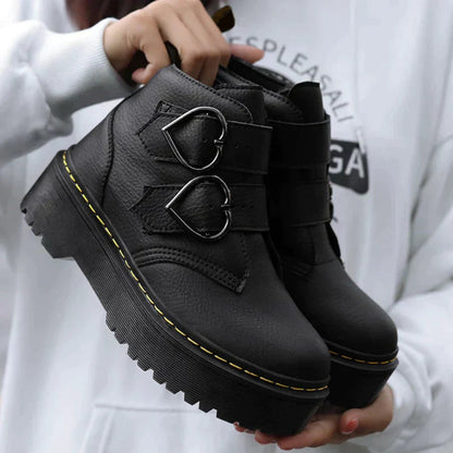 Ladies' Playful Platform Ankle Boots with Heart Buckles and Velcro