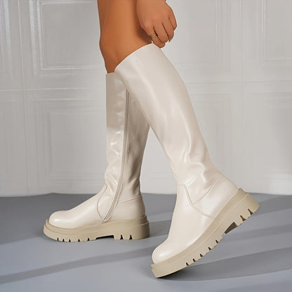 Ladies' White Knee-High Boots with Zip and Anti-Slip Sole