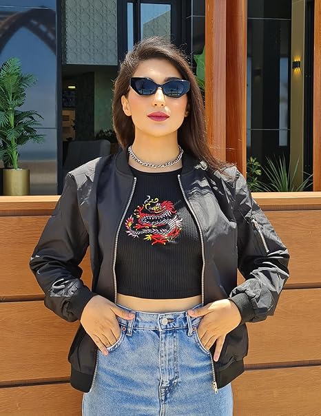 Women's Bomber Jacket with Zip, Sleeve Pocket and Ribbed Cuffs