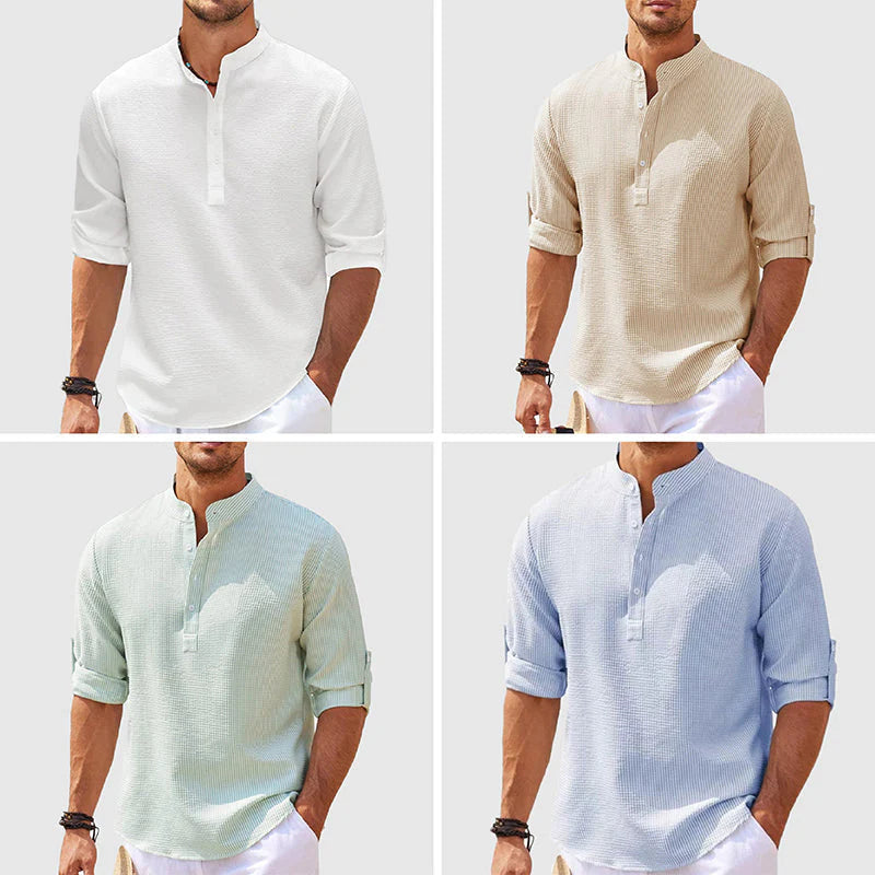Long Sleeve Shirt with Stand-up Collar and Solid Colour