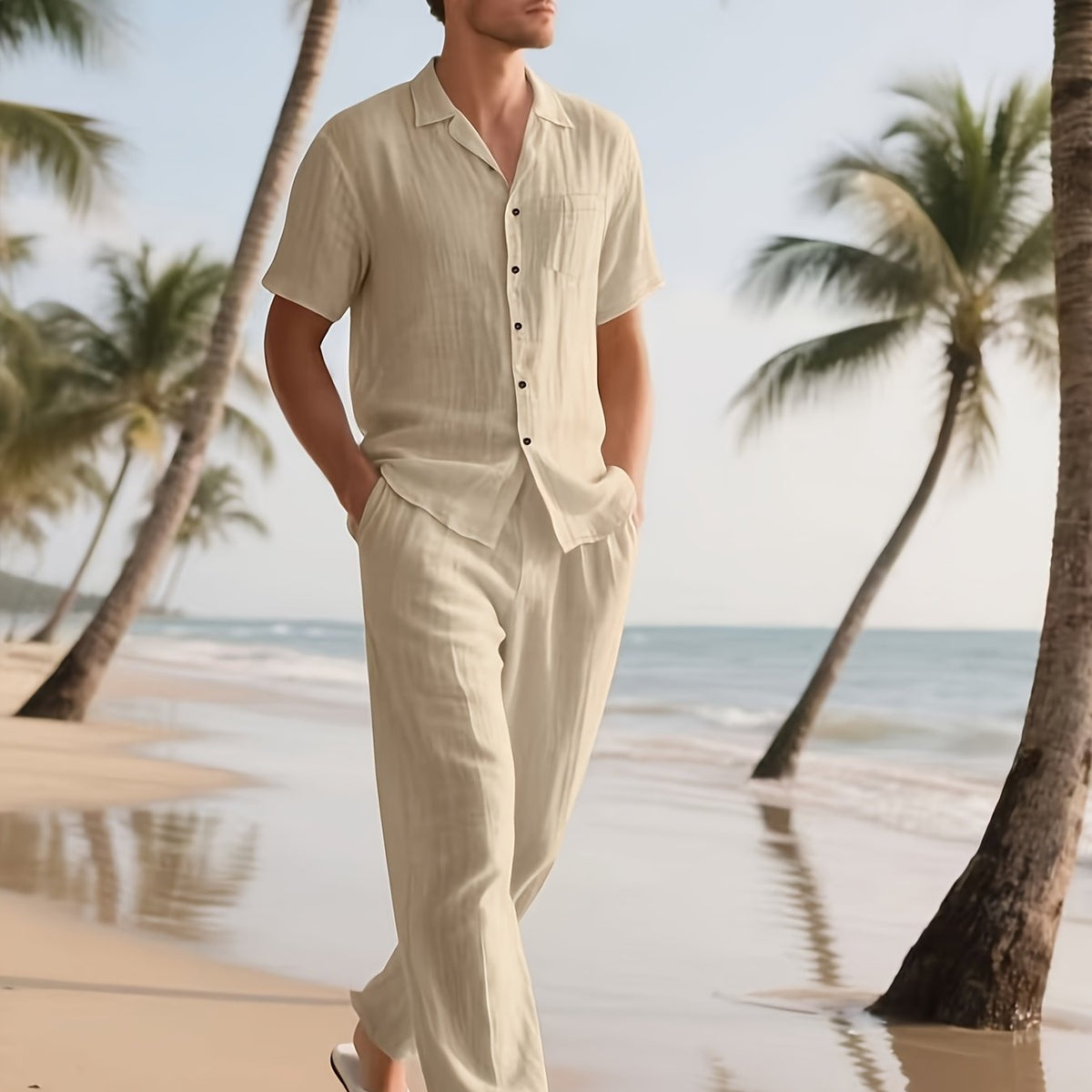 Completo casual da uomo in lino – Comodo e leggero, con pantaloni lunghi e maniche corte