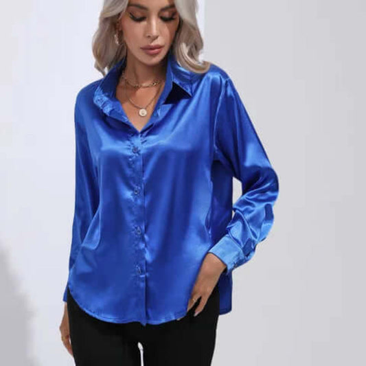 Blusa de satén para mujer con mangas largas y corte holgado