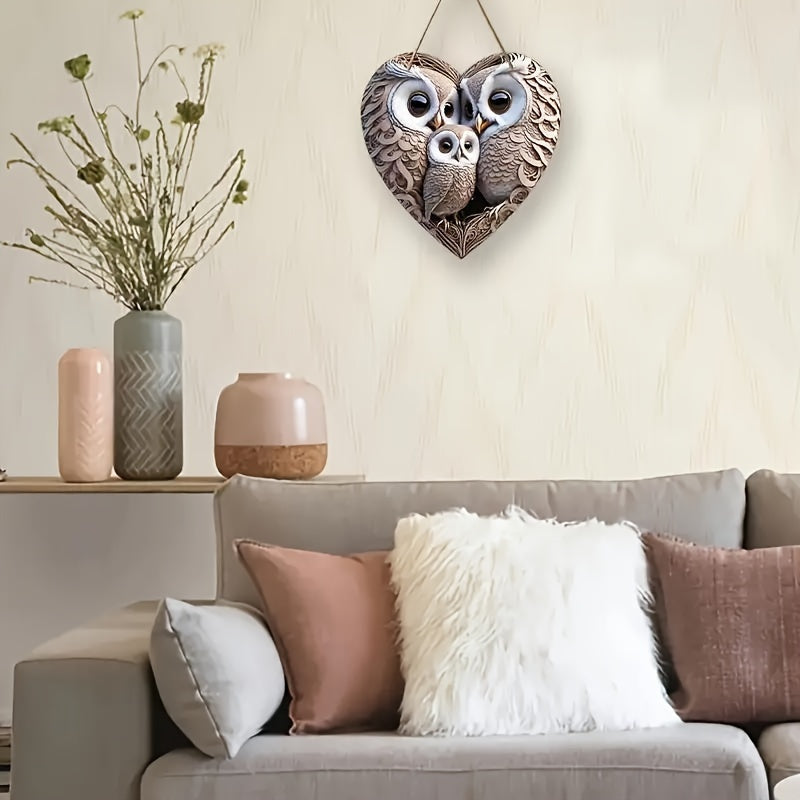 Rustic Wooden Owl Family Heart Sign - For a Warm Home