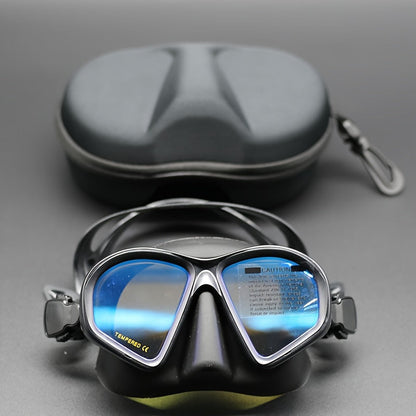 Tauchermaske aus gehärtetem Glas mit Aufbewahrungsbox - Tauchbrille mit Antibeschlagbeschichtung und Kamerahalterung