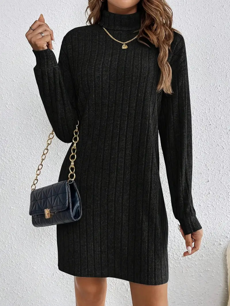Trendy Ribbed Mini Sweater Dress for Women with Roll Neck and Long Sleeves