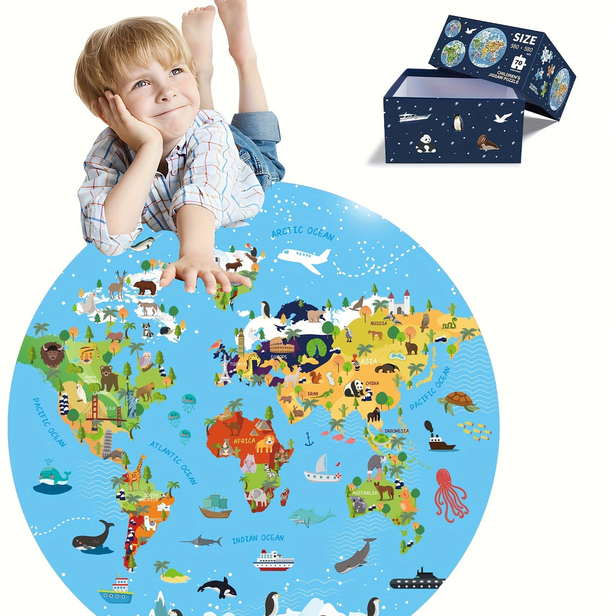 Rompecabezas de suelo de 70 piezas con animales – Diseño de mapa del mundo redondo para niños