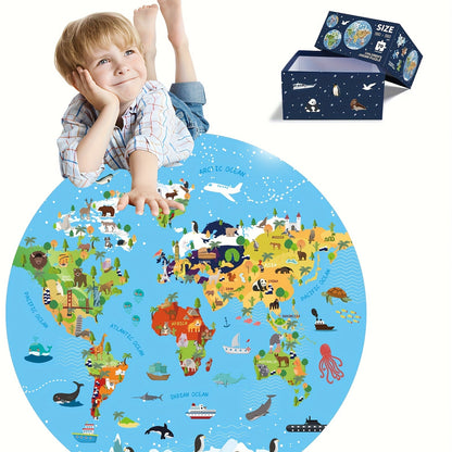 Rompecabezas de suelo de 70 piezas con animales – Diseño de mapa del mundo redondo para niños