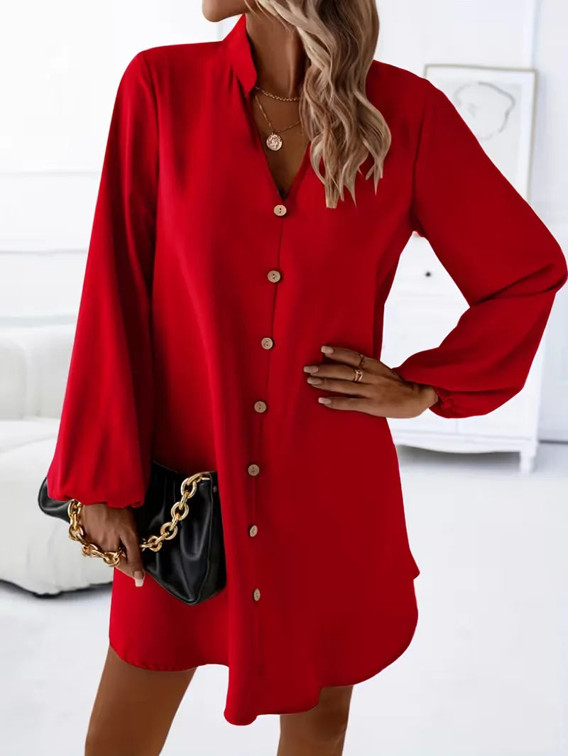 Robe chemise avec col en V et manches longues