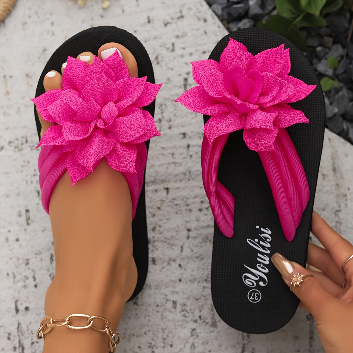 Ladies' Flip Flops with Platform Sole and Floral Detail Wide Fit