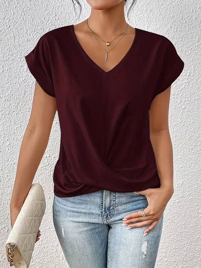 Breathable Elegant Ladies Top with V Neck and Twisted Detail