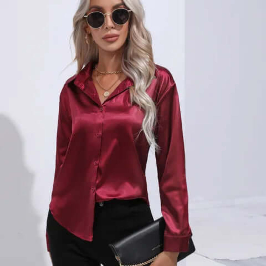 Ladies' Satin Blouse with Long Sleeves and Loose Fit