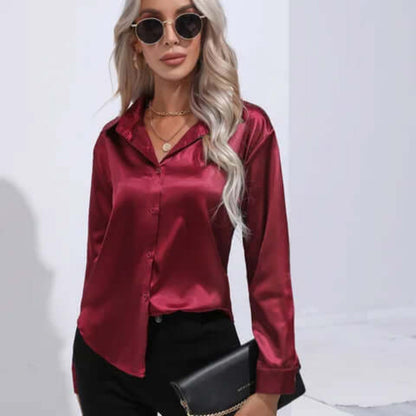Ladies' Satin Blouse with Long Sleeves and Loose Fit