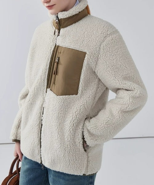 Ladies' Warm Teddy Jacket with High Collar and Zip Pockets