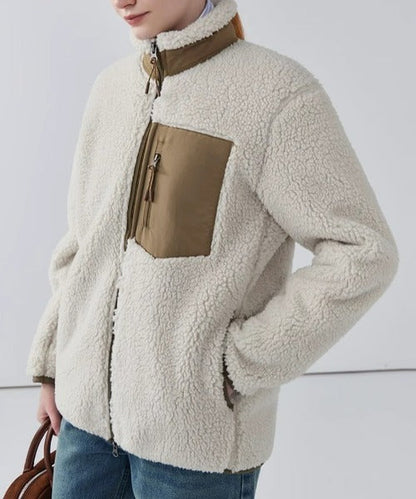 Ladies' Warm Teddy Jacket with High Collar and Zip Pockets
