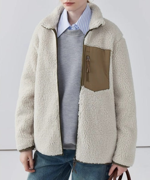 Ladies' Warm Teddy Jacket with High Collar and Zip Pockets