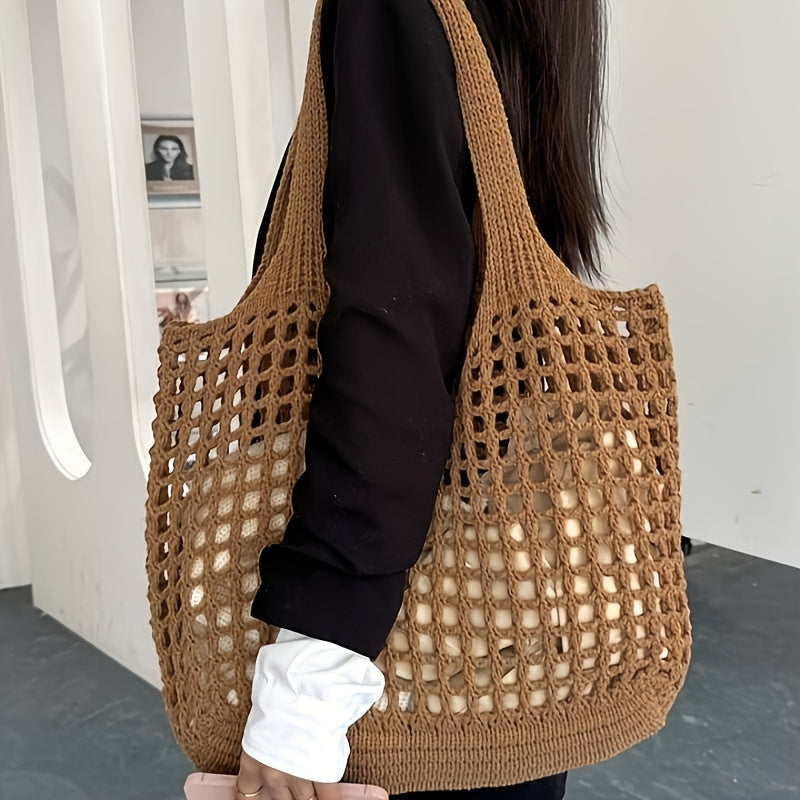 Borsa da spiaggia intrecciata a rete aperta, capiente, da donna