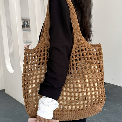 Borsa da spiaggia intrecciata a rete aperta, capiente, da donna