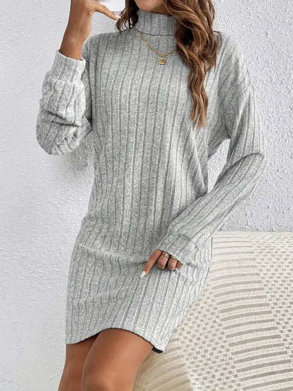 Trendy Ribbed Mini Sweater Dress for Women with Roll Neck and Long Sleeves