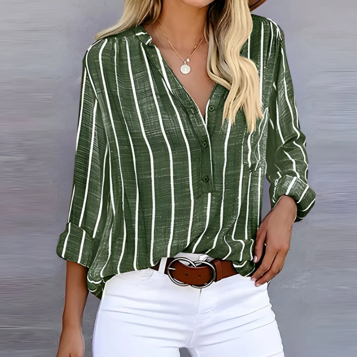 Ladies Casual Striped Blouse with V-Neck and Chest Pocket