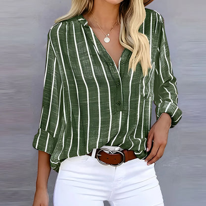 Ladies Casual Striped Blouse with V-Neck and Chest Pocket