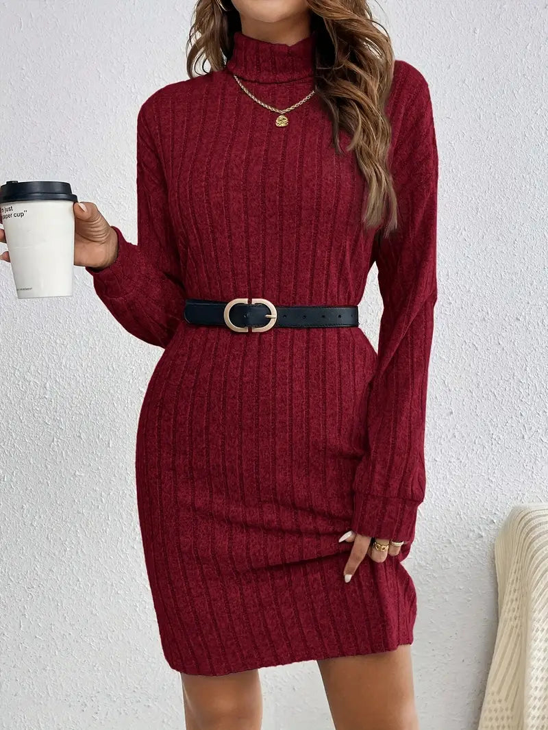 Trendy Ribbed Mini Sweater Dress for Women with Roll Neck and Long Sleeves