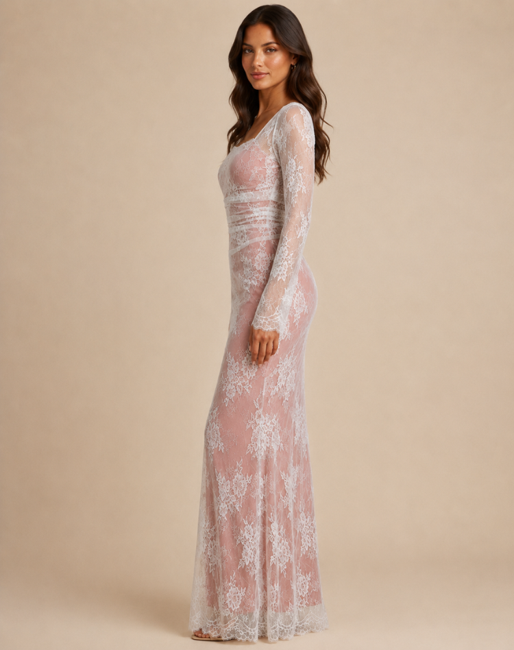 Maxi-avondjurk van kant voor dames met lange mouwen en elegant silhouet