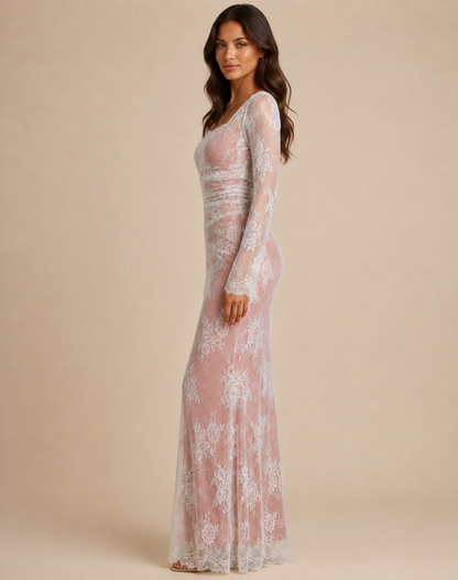 Maxi-avondjurk van kant voor dames met lange mouwen en elegant silhouet