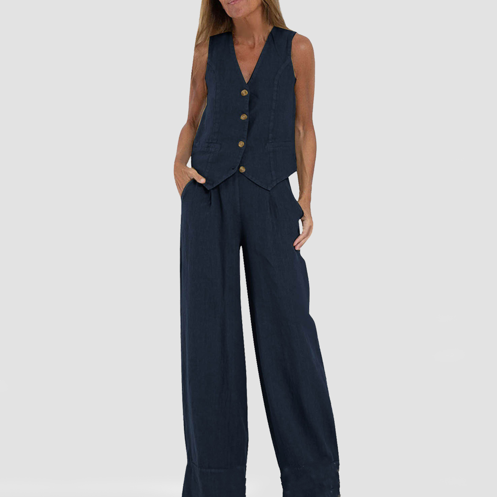 Summer Sleeveless V-Neck Waistcoat and Loose Straight Trousers