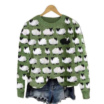 Ladies Knit Sweater with Tree Pattern and Round Neckline