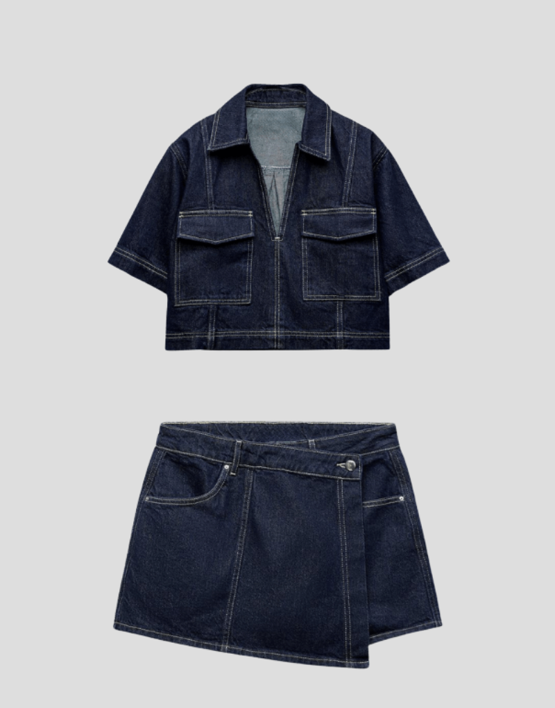 Conjunto vaquero de dos piezas con top y falda pantalón