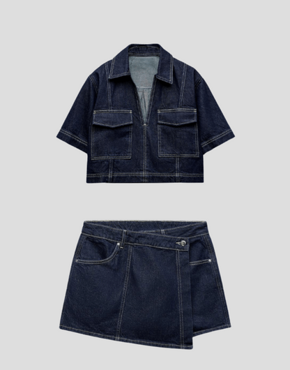 Conjunto vaquero de dos piezas con top y falda pantalón